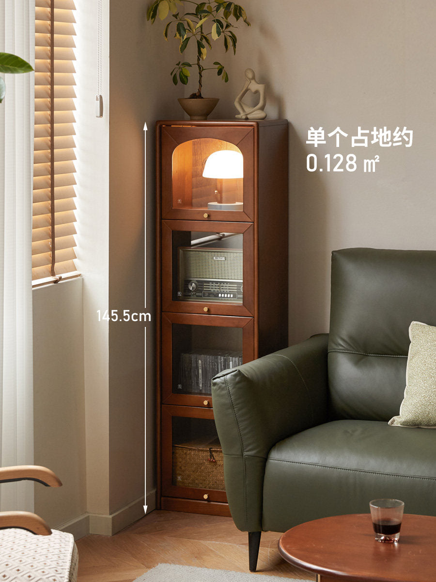 实木书柜中古夹缝收纳展示柜法式复古玻璃门翻门置物柜